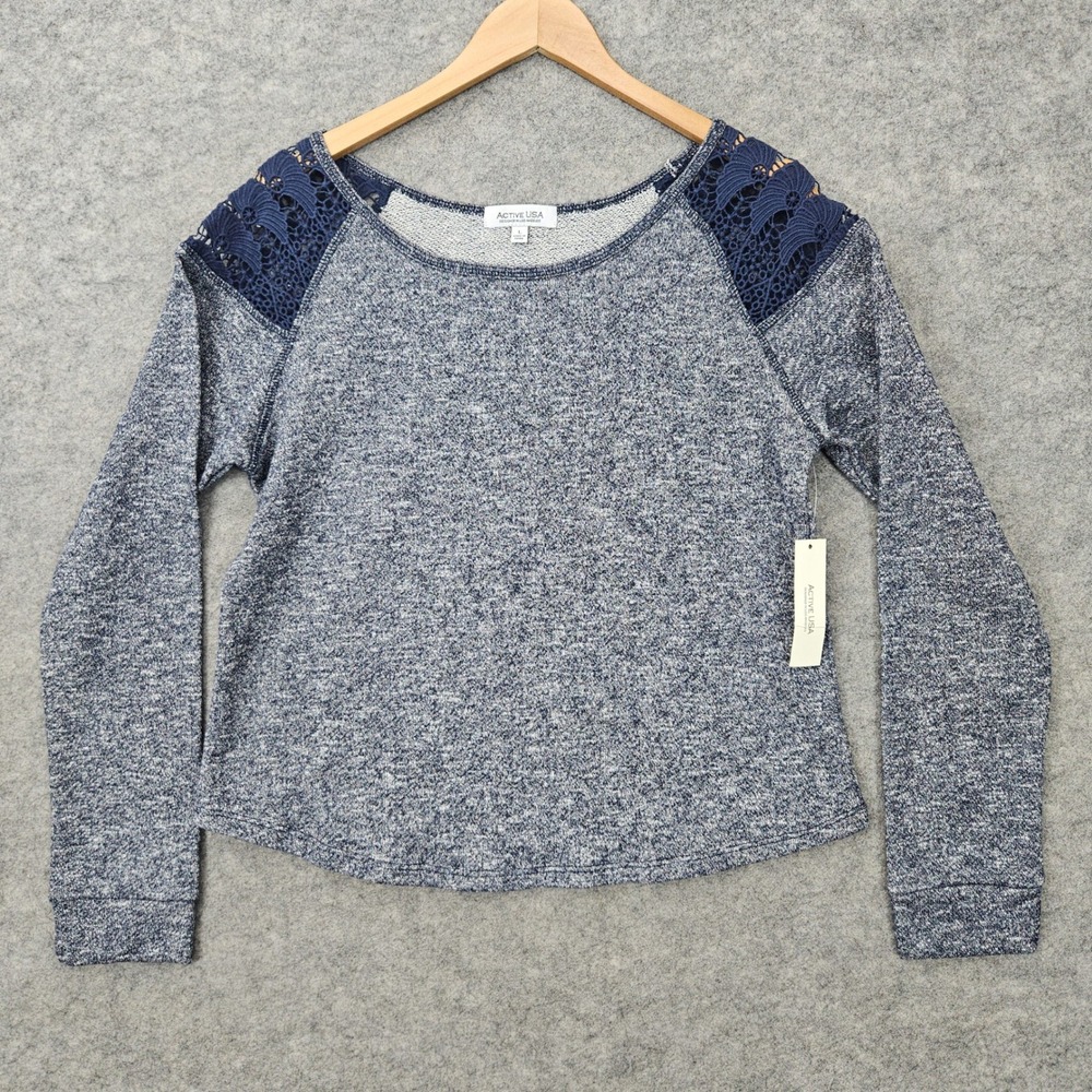 Active USA Women's Heathered Blue Top Size L Lace Crochet Shoulder Pullover